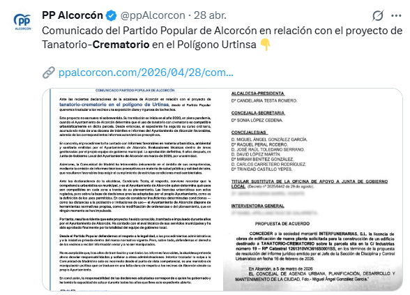 Comunicado del Partido Popular de Alcorcón en relación con el proyecto de Tanatorio-Crematorio en el Polígono Urtinsa